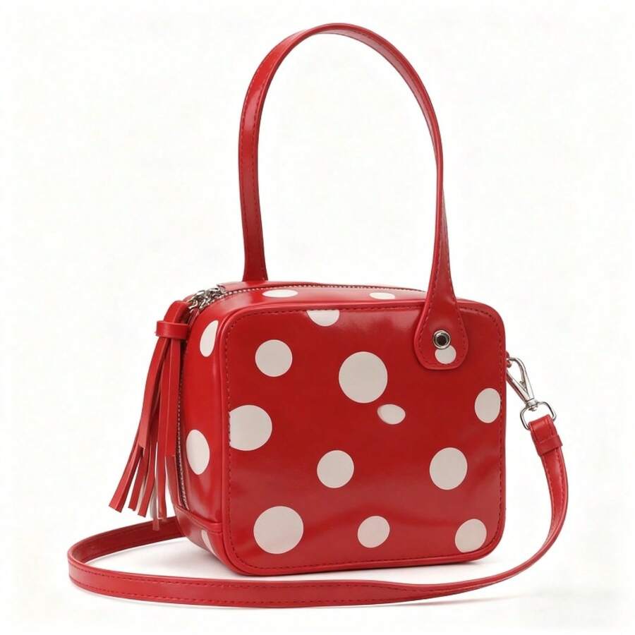Womens Red Polka Dot Cube Box  - Top Handle Patent Bag avaliação e preço